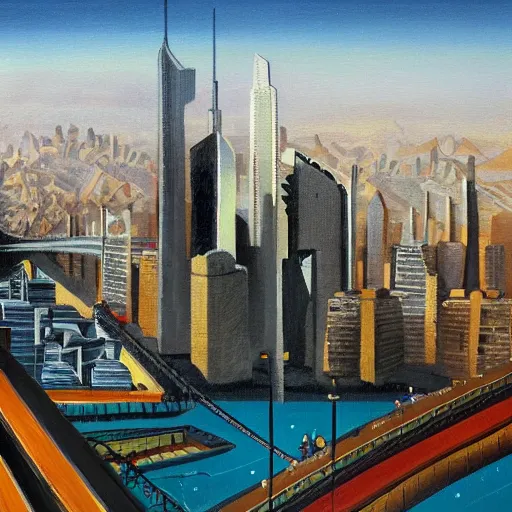 Image similar to futuristic santiago of chile skyline with life based on public transportation, oil on canvas by wes anderson and raoul ruiz and dave mckean