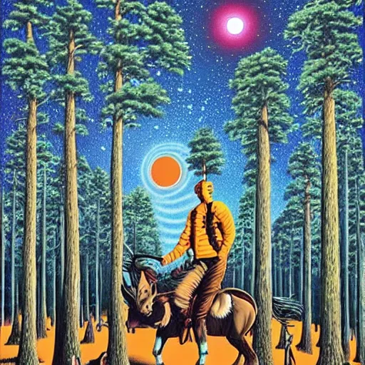 Prompt: psychedelic, trippy, pine forest, broken cowboy, planets, milky way, cartoon by rob gonsalves