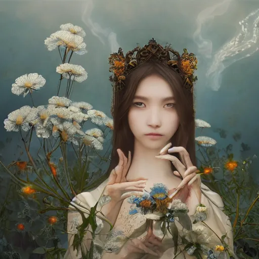 Image similar to breathtaking detailed concept art painting of the goddess of nemophila flowers, orthodox saint, with anxious, piercing eyes, ornate background, amalgamation of leaves and flowers, by Hsiao-Ron Cheng, James jean, Miho Hirano, Hayao Miyazaki, extremely moody lighting, 8K