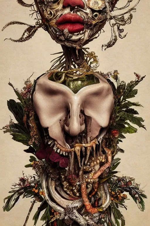 Image similar to Detailed maximalist portrait with large lips and with large white eyes, exasperated expression, botany bones, HD mixed media, 3D collage, highly detailed and intricate, surreal illustration in the style of Caravaggio, dark art, baroque