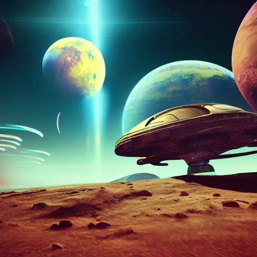 Image similar to a dreamy digital render of a spaceship in a bizarre planet. cinematic lighting. hyper realistic. 8k. detailed. no mans sky H-350 W-350