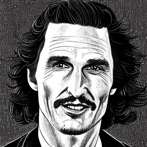 Image similar to a portrait drawing of Mathew McConaughey drawn by Robert Crumb