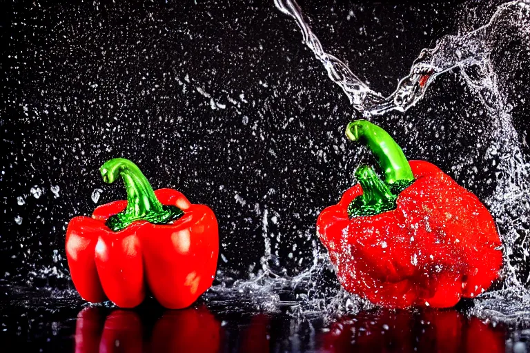 Prompt: a Photorealistic hyperrealistic close up high speed render of a red pepper dropped into a glass full of water creating a splash, beautiful highly detailed droplets, reflections and refractions, dark studio backdrop, Beautiful studio lighting, Nikon Z7, ISO 400, Sigma 85mm f1.4 DG DN, aperture f/11, exposure 1/200, studio lights