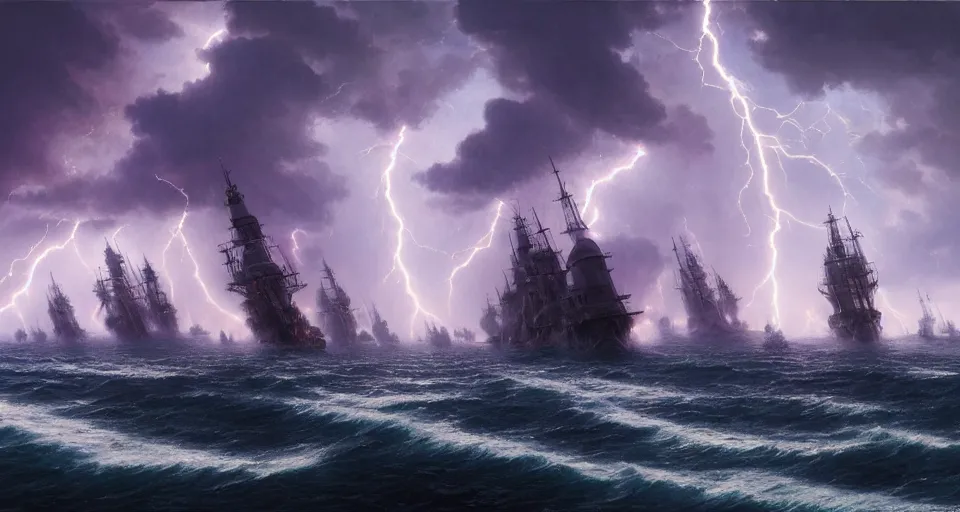 Prompt: fleet of giant sailing battleships, raging sea purple lightningstorm, dramatic, action scene, lightningstorm background, shipfleet on the horizon, high detail, greg rutkowski, james gurney, gene wolfe, gustave dore, jesper ejsing, rhads, makoto shinkai, ilya kuvshinov