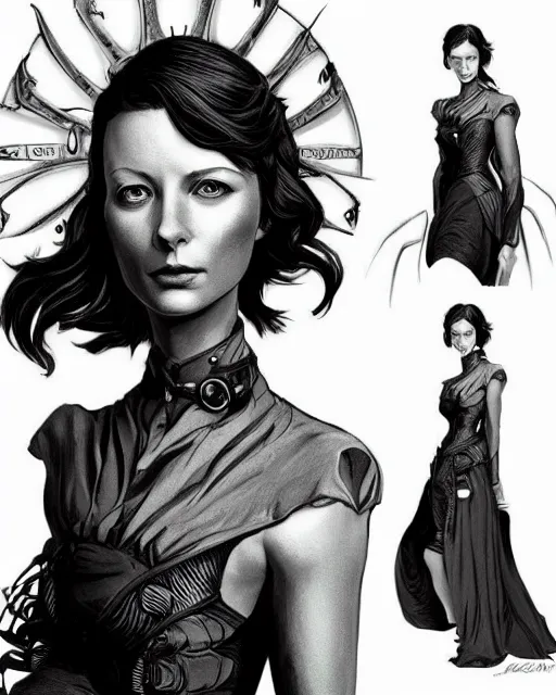 Image similar to in the style of joshua middleton, artgerm, beautiful caitriona balfe, steampunk, bioshock, full body, blue dress, elegant pose, middle shot, spooky, symmetrical face, symmetrical eyes, detailed realisitc eyes, three point lighting, detailed realistic eyes, detailed and intricate