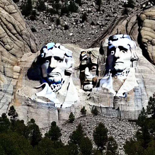 Prompt: a photo of mount rushmore after donald trump's face had been added. the photo clearly depicts the facial features of donald trump, at a slightly elevated level, depicting his particular hair style carved into the stone at the mountain top, centered, balances, regal, pensive, powerful, just