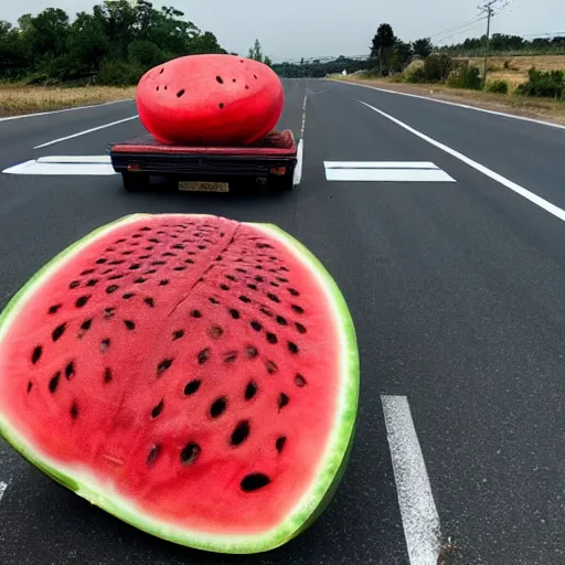 Prompt: a giant watermelon on the road,