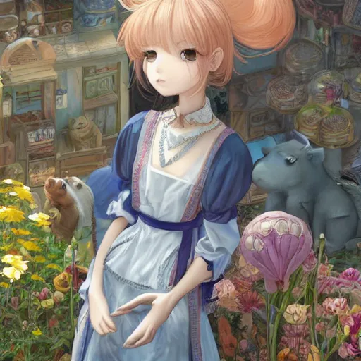 Image similar to character portrait of the capybara princess with gorgeous detailed eyes in the marketplace in the sky, color page, tankoban, 4 k, tone mapping, doll, akihiko yoshida, james jean andrei riabovitchev marc simonetti, yoshitaka amano, long hair, curly, greater capybara, giant cavy rodent, h. hydrochaeris