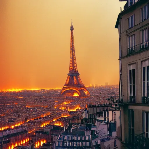 Prompt: 100mm photo of Paris France being lit on fire by massive lightning bolts at night shot on 35mm film