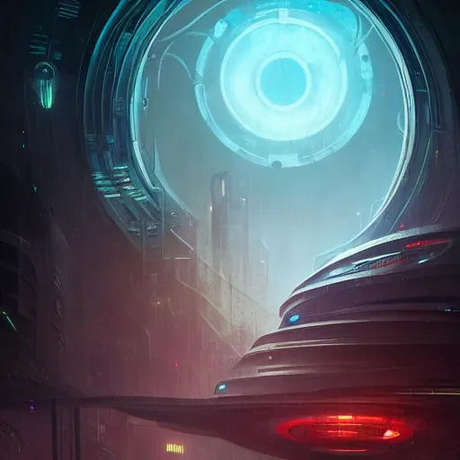 Prompt: a circular portal structure in the centre of an abandoned and overgrown alien city, beautiful curves, sci - fi, fantasy, golden ratio, epic lighting, unusual composition, messy brush strokes, very detailed, 4 k, in the style of blade runner and peter mohrbacher, ominous vibes, harsh lighting