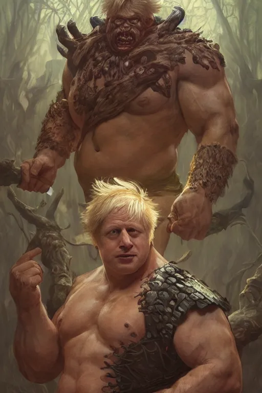 Image similar to portrait of boris johnson as a hulking herculean demon, forest, godlike, full body, fantasy, intricate, elegant, highly detailed, digital painting, artstation, concept art, sharp focus, illustration, art by artgerm and greg rutkowski and alphonse mucha