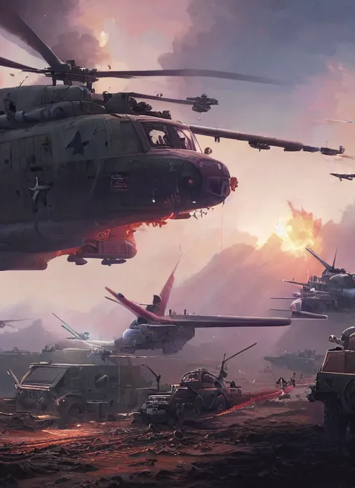 Image similar to highly detailed world war 3 illustration in gta v, stephen bliss, unreal engine, fantasy art by greg rutkowski, loish, rhads, ferdinand knab, makoto shinkai and lois van baarle, ilya kuvshinov, rossdraws, tom bagshaw, global illumination, radiant light, detailed and intricate environment