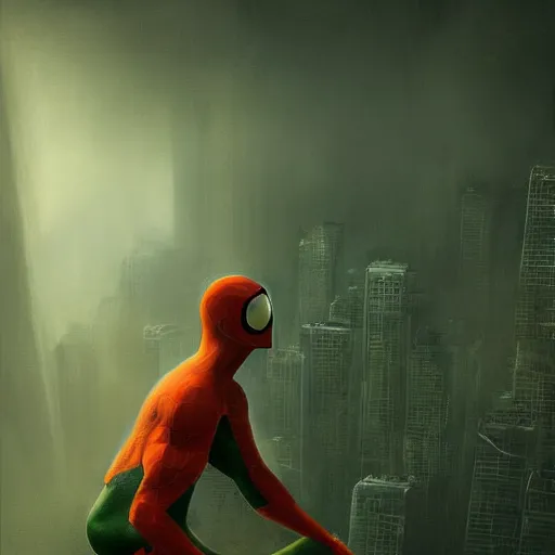 Image similar to moody atmospheric render of an orange and green spiderman by leon tukker