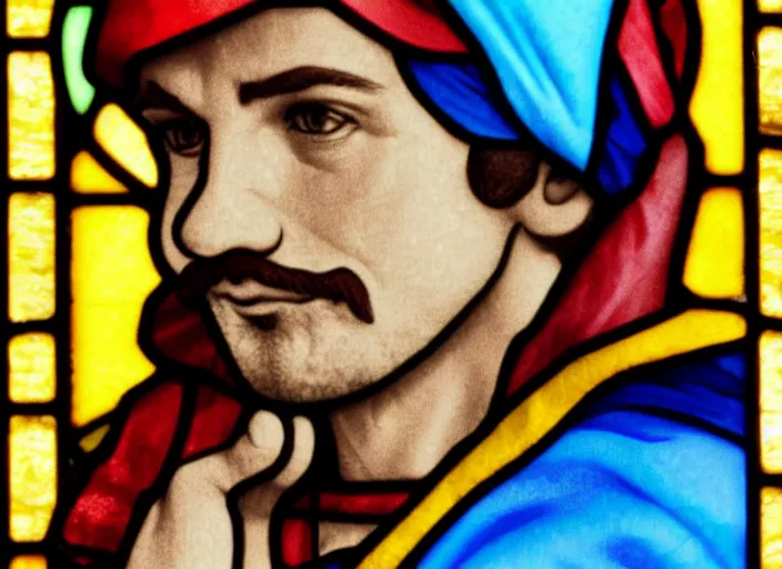 Prompt: photograph of mario in a stained glass church window, beautiful, radiant, intricate