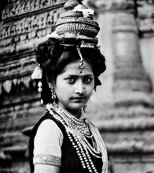 Prompt: vintage_portrait_photo_of_a_beautiful_nepalese_Victorian maiden at Pashupatinath Temple