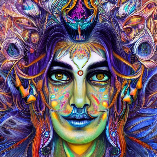 Image similar to An extremely psychedelic portrait of Shiva, surreal, LSD, face, detailed, intricate, elegant, lithe, highly detailed, digital painting, artstation, concept art, smooth, sharp focus, illustration