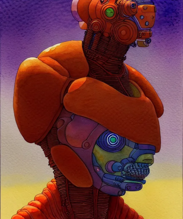 Image similar to a watercolor painting character portrait of a machine mutant in the style of jean giraud in the style of moebius trending on artstation deviantart pinterest detailed realistic hd 8 k high resolution