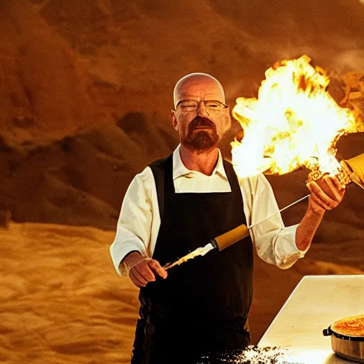 Image similar to walter white making pizza!!! margherita! with a blowtorch!! in the desert, dramatic lighting, still from breaking bad