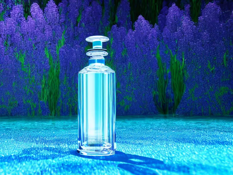 Prompt: perfume bottle standing in a glittering oasis in deep blue pond water surrounded blue flowers by zaha hadid ; octane highly render, 4 k, ultra hd, 2 0 0 mm, mute dramatic colours, soft blur outdoor stormy sea background, volumetric lighting