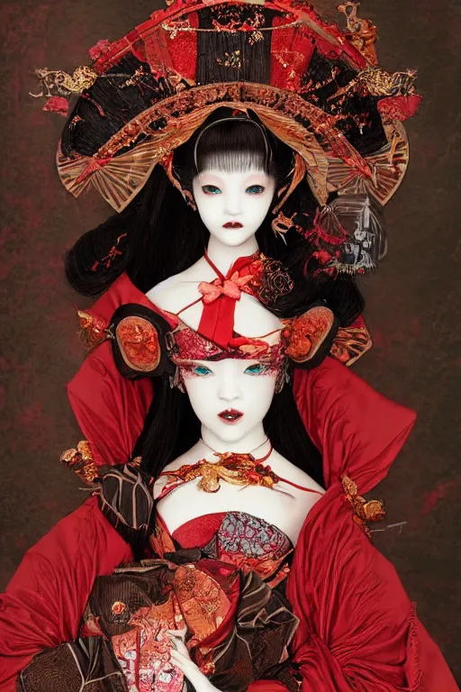 Prompt: avant - garde japanese bjd geisha vampire queen in victorian red dress in the style of dark - fantasy lolita fashion painted by yoshitaka amano, takato yamamoto, gustav klimt, dmt art, symmetrical vogue face portrait, volumetrics, intricate detail, artstation, cgsociety, artgerm, gold skulls, rococo
