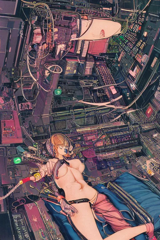 Image similar to an hyper-detailed cyberpunk illustration of a female android lying on a bed in a tech labor, with her head open showing cables and wires coming out, by masamune shirow, and katsuhiro otomo, japan, 1980s, dynamic, colorful, sparkles, lasers