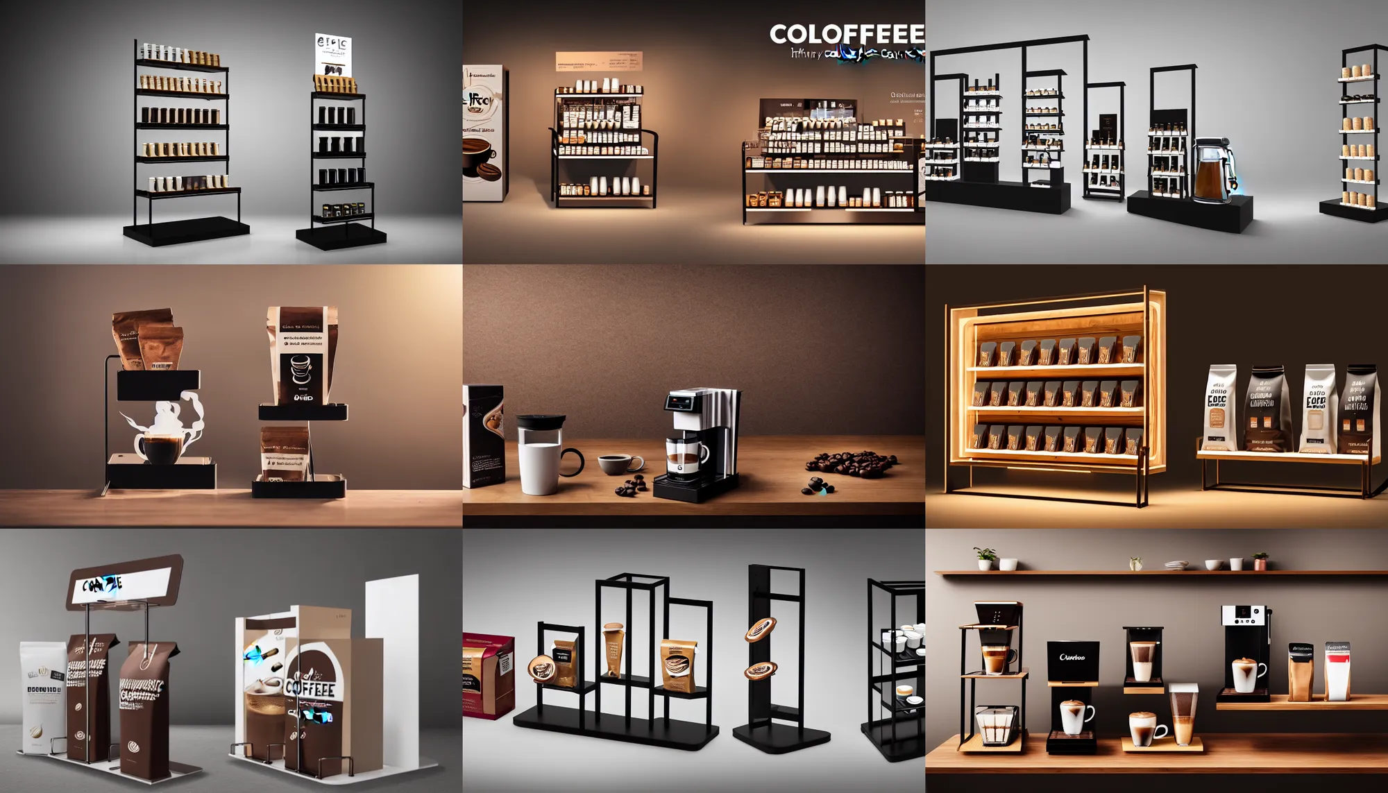Prompt: modern display stand for coffee products, epic composition, 8 k, beautiful cinematic light