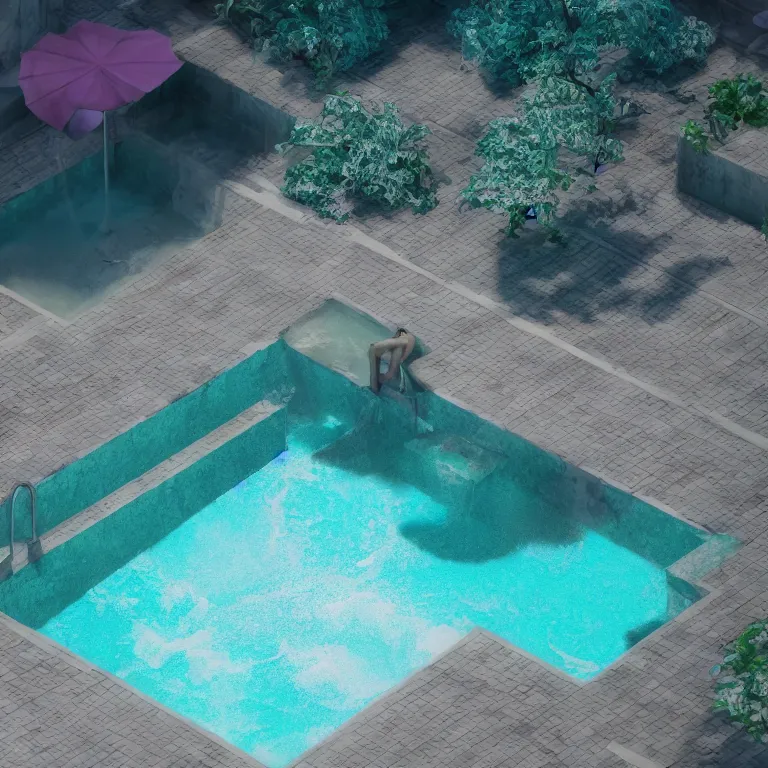 Image similar to liminal spaces swimming pool, pastel colors, blender cycles, octane render, unreal engine, 8 k ultra hd, photorealistic