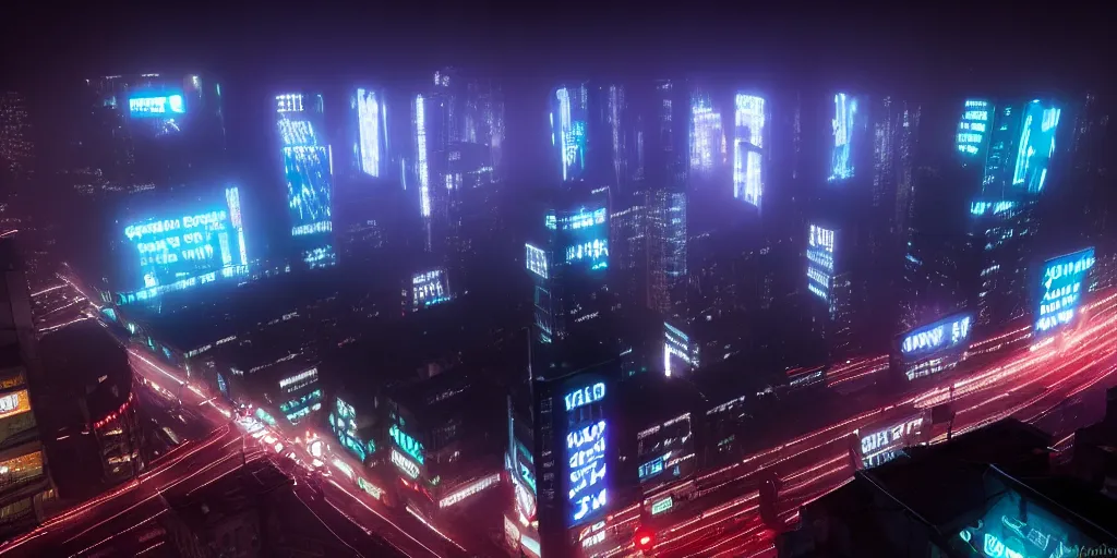 Image similar to giant illuminated advert screens, megacity streets seen from above, eerie fog, neon signs, blade runner, ex machina