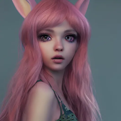 Prompt: ultrarealistic sweet bunny girl, intricate details, green eyes, 8K, long hair, fluffy, pink, lollipop, high octane render