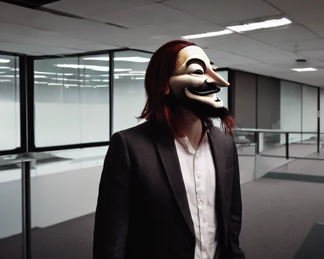 Image similar to man wearing guy fawkes mask doing science in large corporate laboratory, photo, cinematic lighting