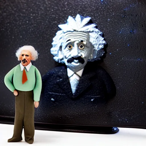 Image similar to claymation miniature scene of albert einstein standing in front of miniature blackboard with lots of mathematical formulas chalked on