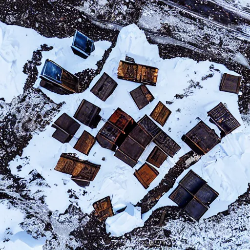 Image similar to abandoned mine and crates full of supplies buried in snow::2 snowy region on coast of Iceland, aerial drone perspective, top down view ::1 sattelite image of snow from 250 meters height, some coal boxes and barrels are covered in snow, old mine remains :: 1 post apocalyptic, snowstorm ::5