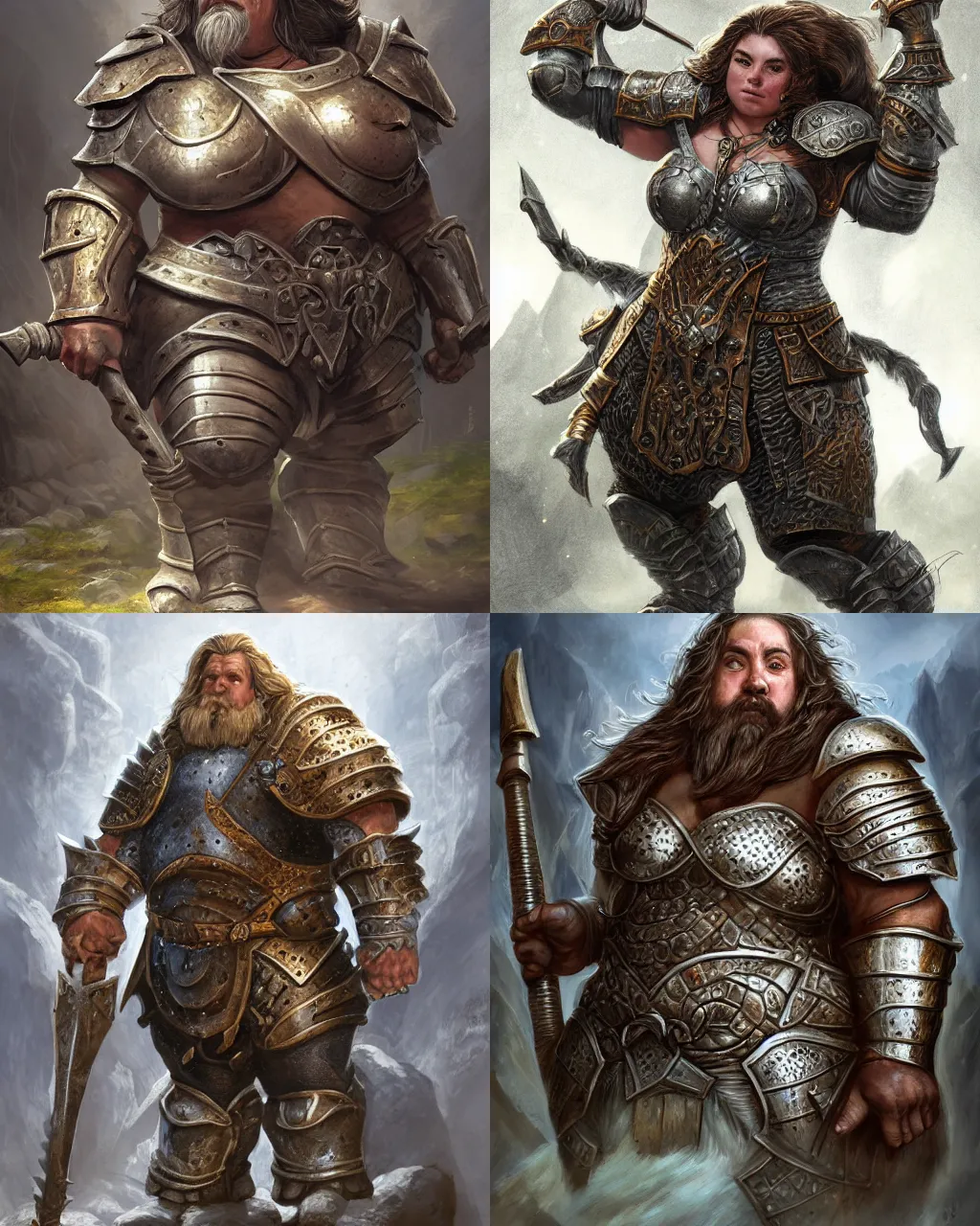 Prompt: portrait, big female dwarf warrior wearing heavy plate armor, strong robust chubby stocky body, at the stone ruins, rpg artwork, hyperdetailed, hyperrealistic, soft light, imposing presence, jeff easley and scott m fischer, artstation, intricate metal, smooth, sharp focus