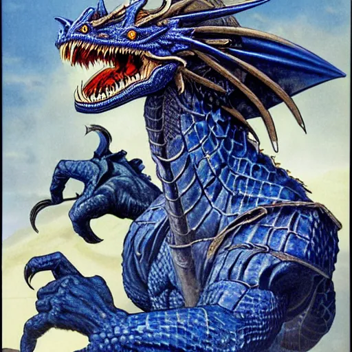 Prompt: head and shoulders portrait of a medieval d & d fantasy anthropomorphic blue dragon - human hybrid sorcerer, d & d rulebook cover art by jeff easley and hr giger