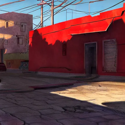 Image similar to highly detailed red oil - on its side in gta v, in a empty town in mexico, stephen bliss, unreal engine, fantasy art by greg rutkowski, loish, rhads, ferdinand knab, makoto shinkai and lois van baarle, ilya kuvshinov, rossdraws, tom bagshaw, global illumination, detailed and intricate environment