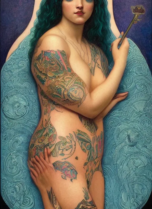 Image similar to single beautiful enlightened cult magic psychic woman with tattoos, tattooed skin, portrait, oil painting, robe, symmetrical face, greek dark ritual myth, by john william godward and anna dittman, masterpiece