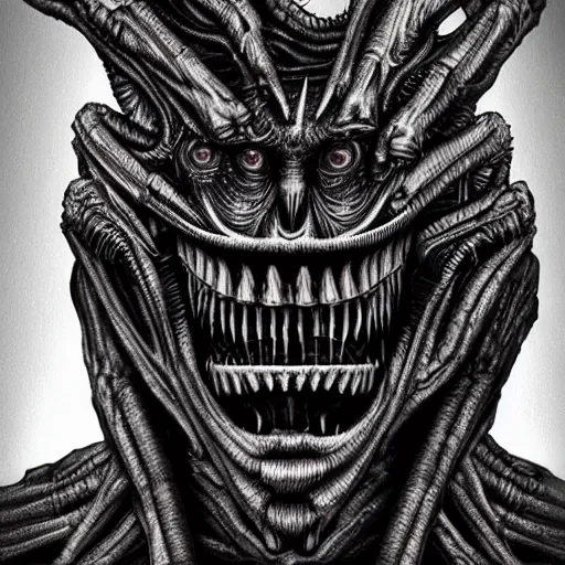 Image similar to alien trump, sharp teeth, by h. r. giger, nightmare fuel, nightmarish, intricate, highly detailed, optical illusion, stranger things demogorgon