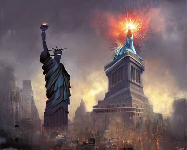Image similar to giant Donald Trump punching the Statue of Liberty in Manhattan, post apocalyptic New York, craig mullins, dramatic lighting, very detailed