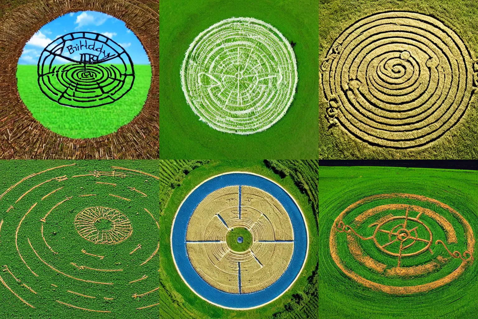 Prompt: a crop circle that says HAPPY BIRTHDAY