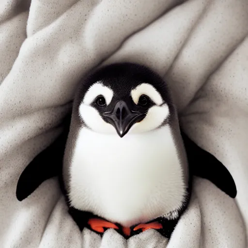 Image similar to baby penguin cuddling in a blanket, trending on artstation, national geographic, 4 k