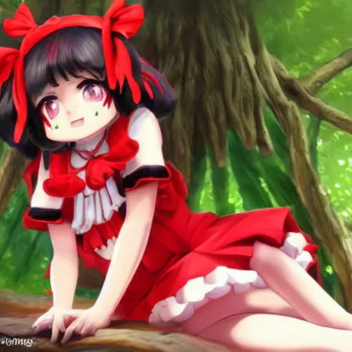 Image similar to a imaginefx artstation of reimu in the jungle wearing bonnet