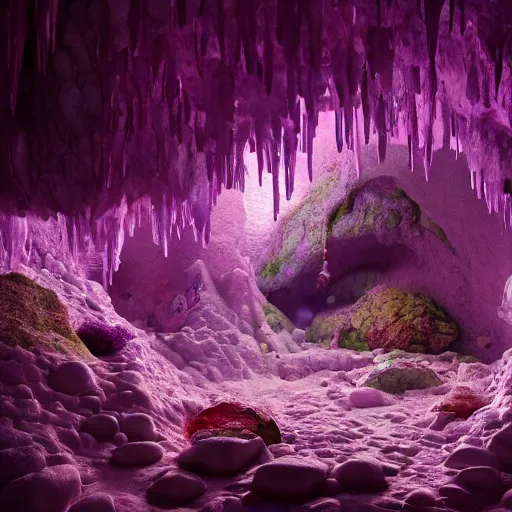 Prompt: inside an amethyst cave with a hot spring, highly detailed, 4k, HDR, award-winning, artstation, octane render