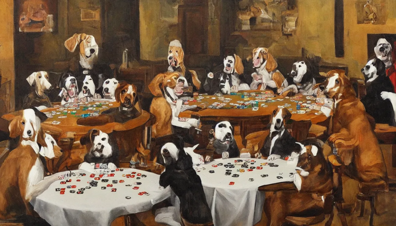 Prompt: A painting of some dogs sitting round a table playing poker