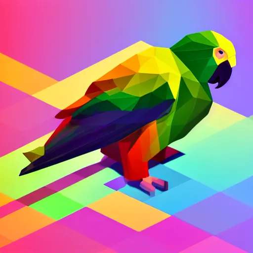 Image similar to isometric vector low poly rainbow parrot icon, black background, cgsociety, volumetric lighting, artstationhq