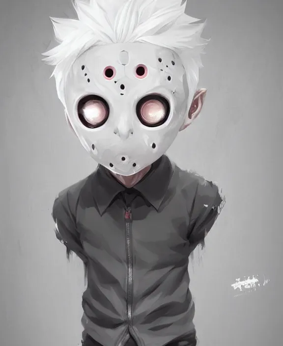 Prompt: cute little boy with white hair anime character inspired by jason voorhees, art by rossdraws, wlop, ilya kuvshinov, artgem lau, sakimichan, jakub rebelka and makoto shinkai, anatomically correct, extremely coherent, highly detailed, sharp focus, slasher movies, smooth, very realistic, symmetrical