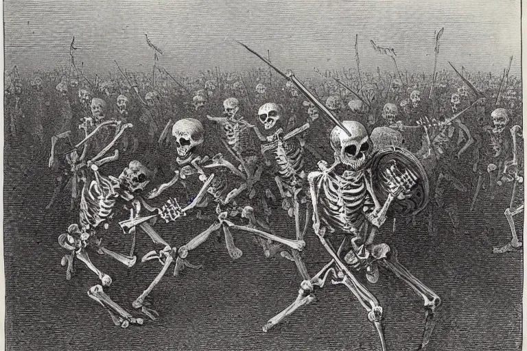 Prompt: skeleton playing a drum in the middle of the battlefield, Gustave Dore lithography