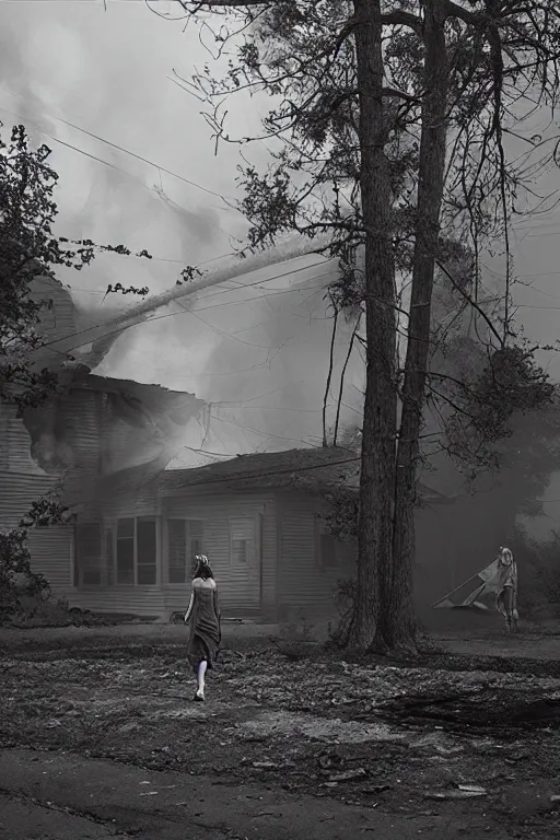 Prompt: Gregory Crewdson Phography, A woman walks calmly while her house is on fire