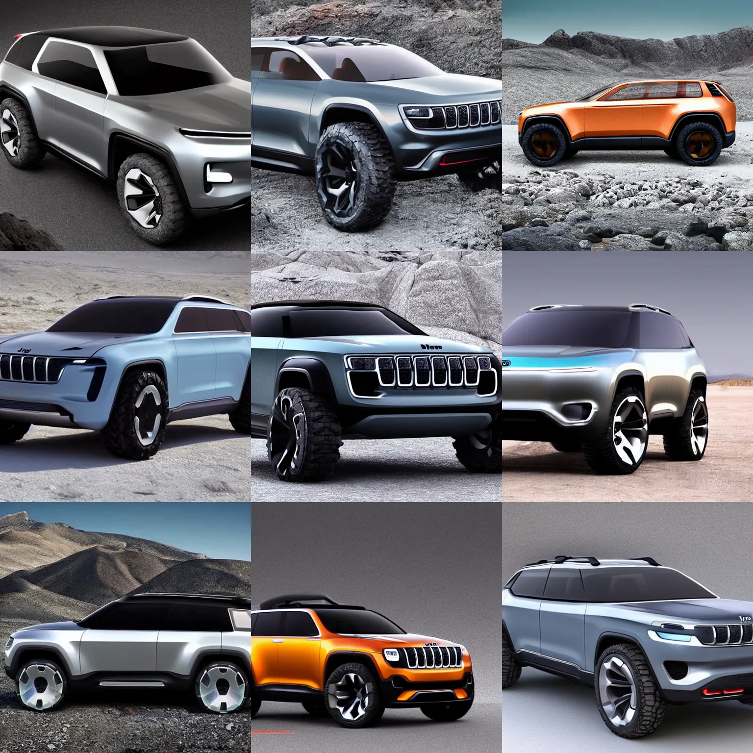 Prompt: future exploratory jeep concept suv made of gems and slate sheets, clean, tough, simple, electric, car design : : inspired by modern architecture : :