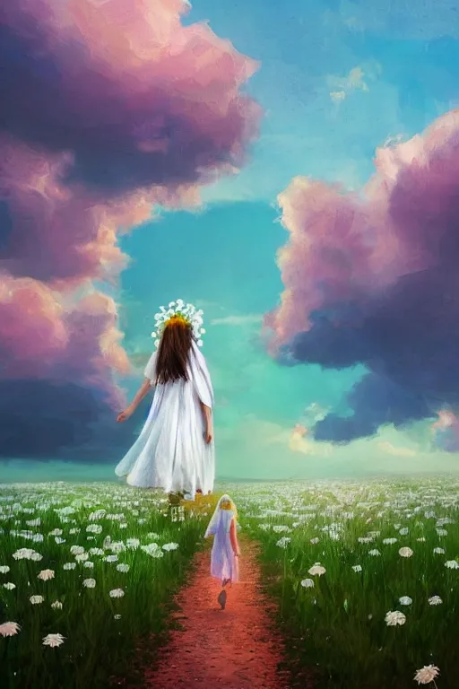 Prompt: giant white daisy flower crown as head, girl with veil walking in a flower field, surreal photography, sunrise, dramatic light, impressionist painting, colorful clouds, digital painting, artstation, simon stalenhag