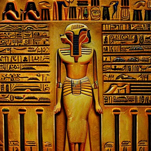 Image similar to oil on canvas of egyptian god beautiful majestic. beautiful. mysterious. intricately detailed. meticulously rendered. background hieroglyphics. pyramid. epic. 8 k hd. trending on art station. h 7 6 8